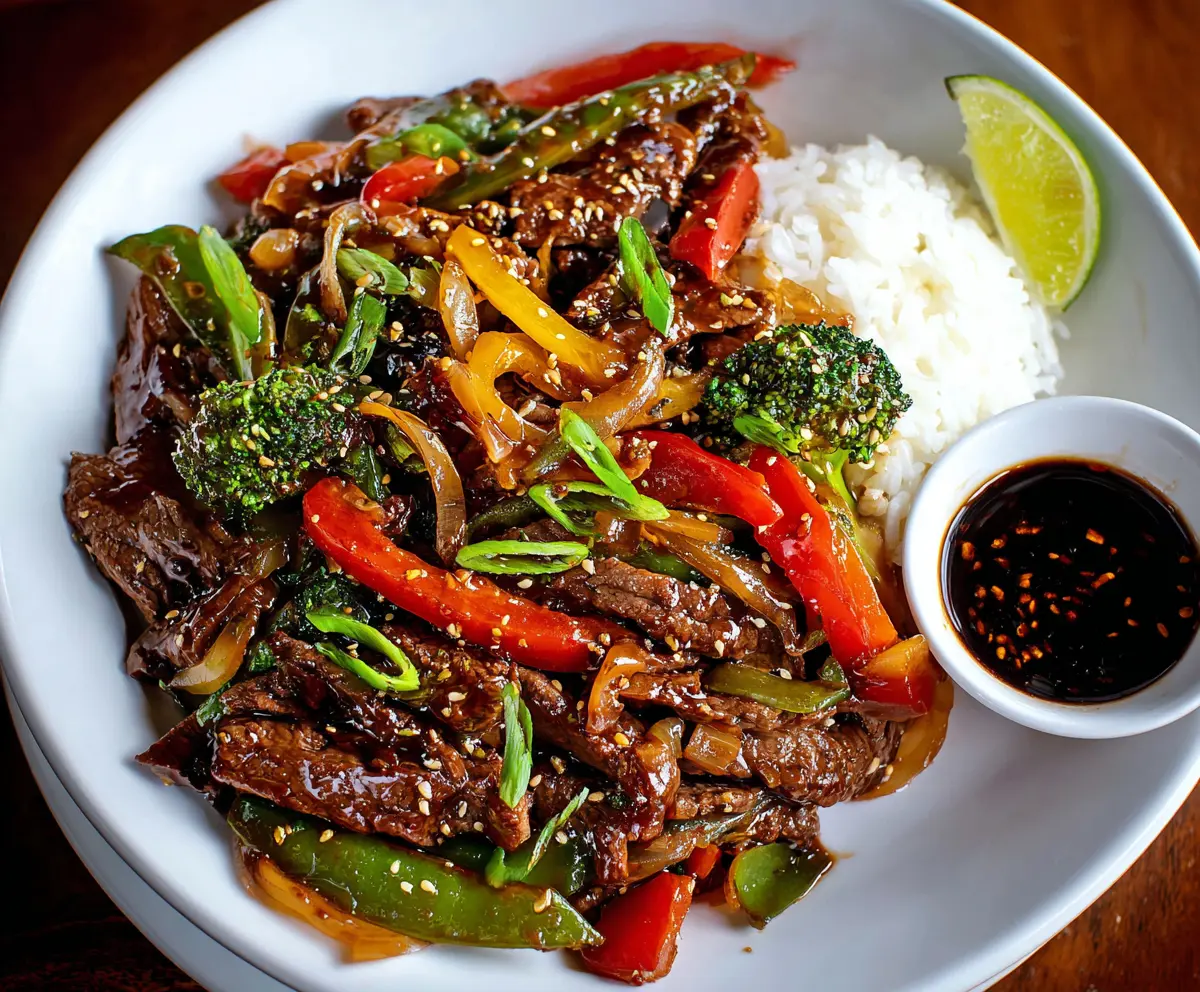 Delicious beef stir fry with colorful vegetables and savory sauce on a plate.