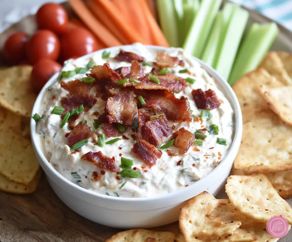 Delicious BLT dip with crispy bacon, fresh lettuce, and creamy cream cheese served as an appetizer.