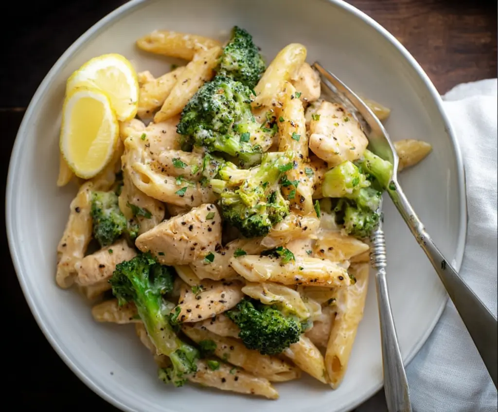 Delicious broccoli and chicken penne pasta dish with fresh vegetables and tender chicken pieces.