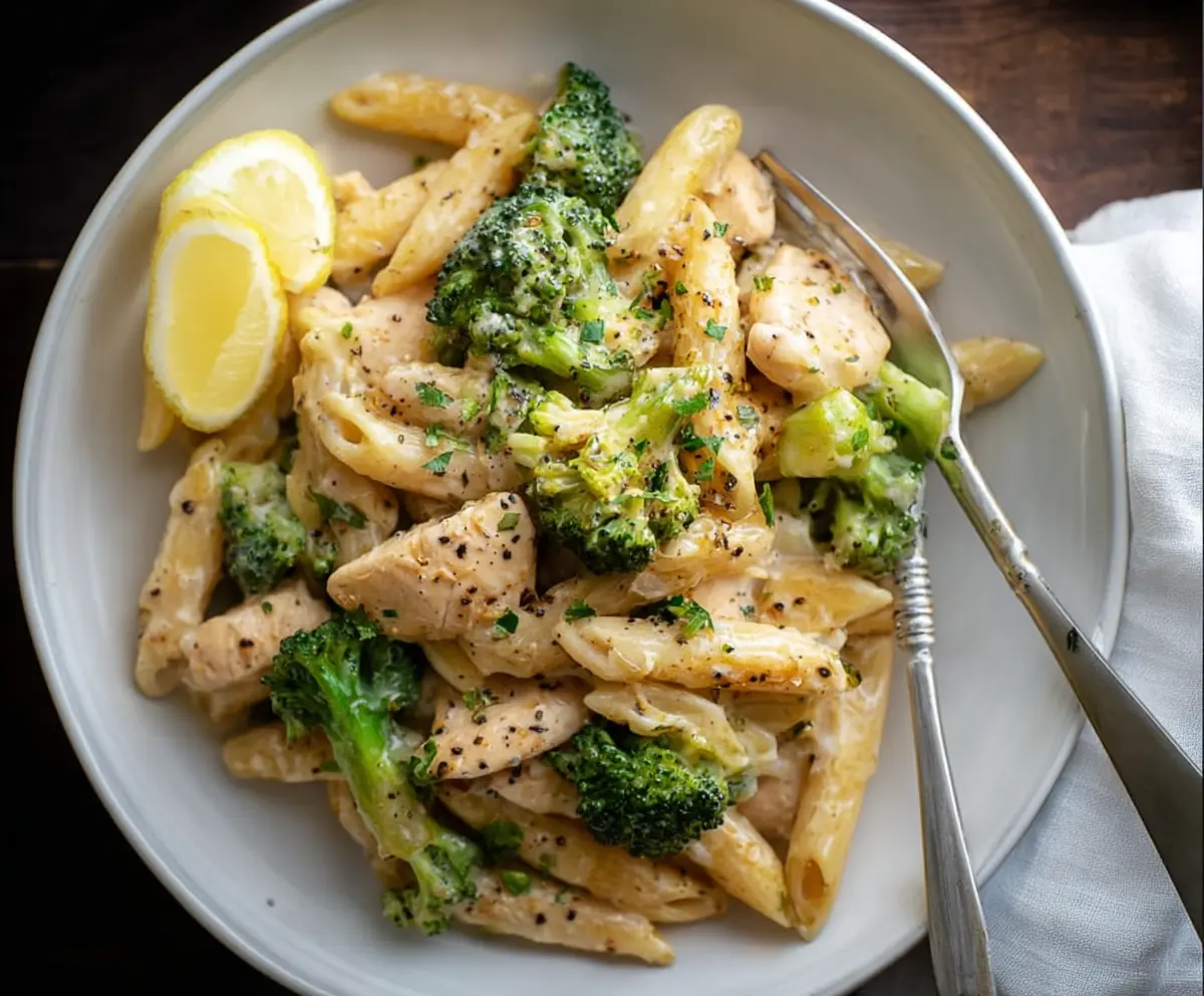 Delicious broccoli and chicken penne pasta dish with fresh vegetables and tender chicken pieces.