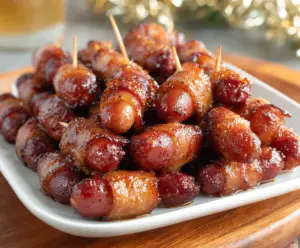 Delicious Brown Sugar Bacon Little Smokies appetizer with crispy bacon-wrapped sausages and a sweet glaze