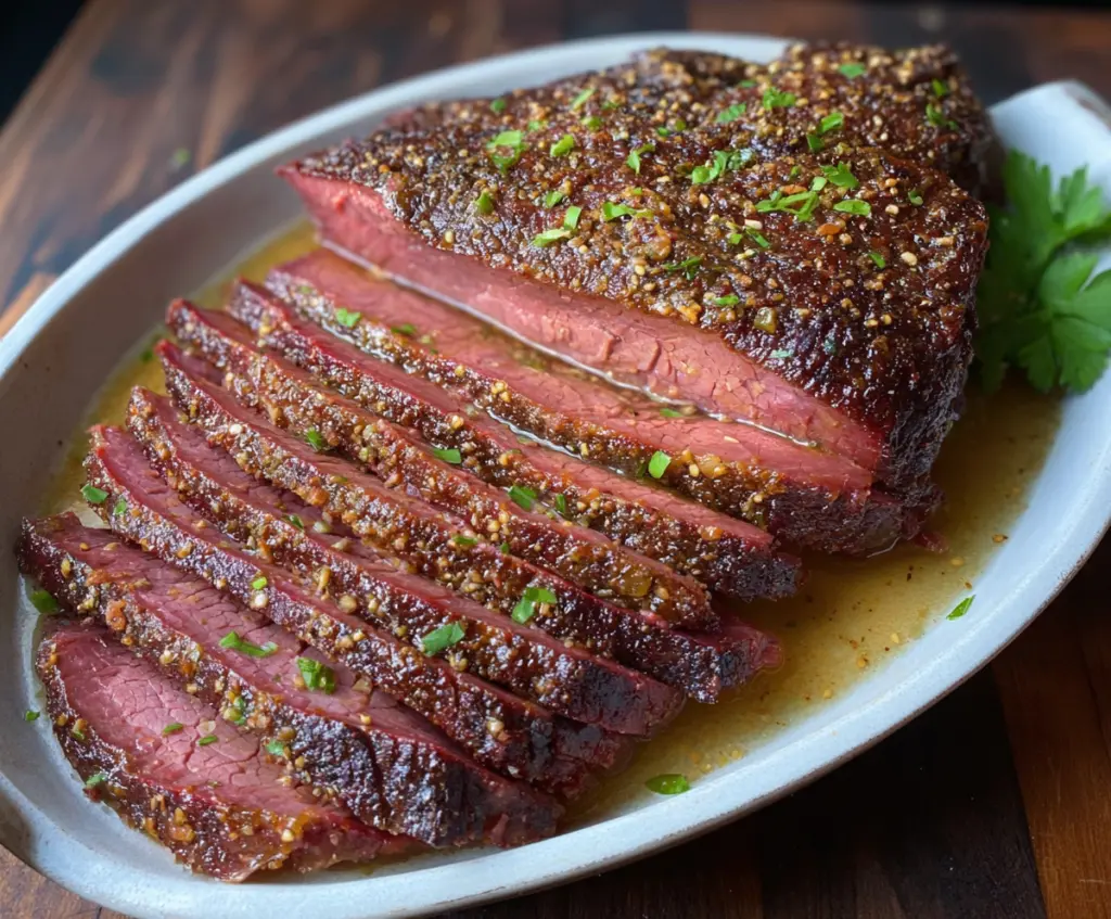 Delicious browned sugar Dijon glazed corned beef brisket served with savory sides