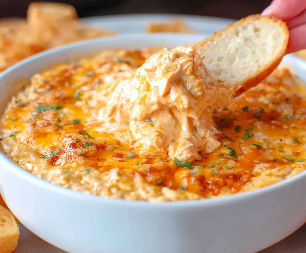 Creamy buffalo chicken dip with melted cheese and spicy buffalo sauce, served with crispy crackers.