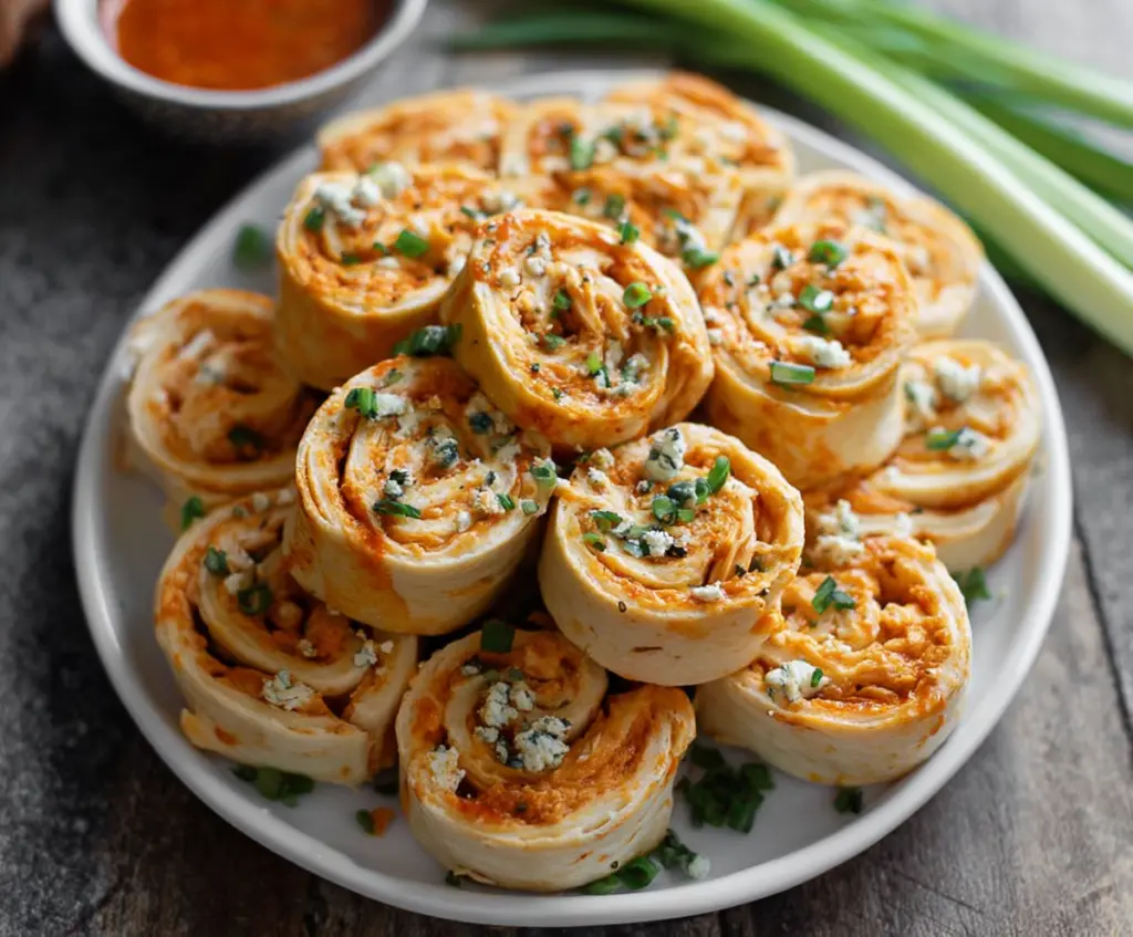 Delicious buffalo chicken pinwheels with crispy tortilla and spicy buffalo sauce.