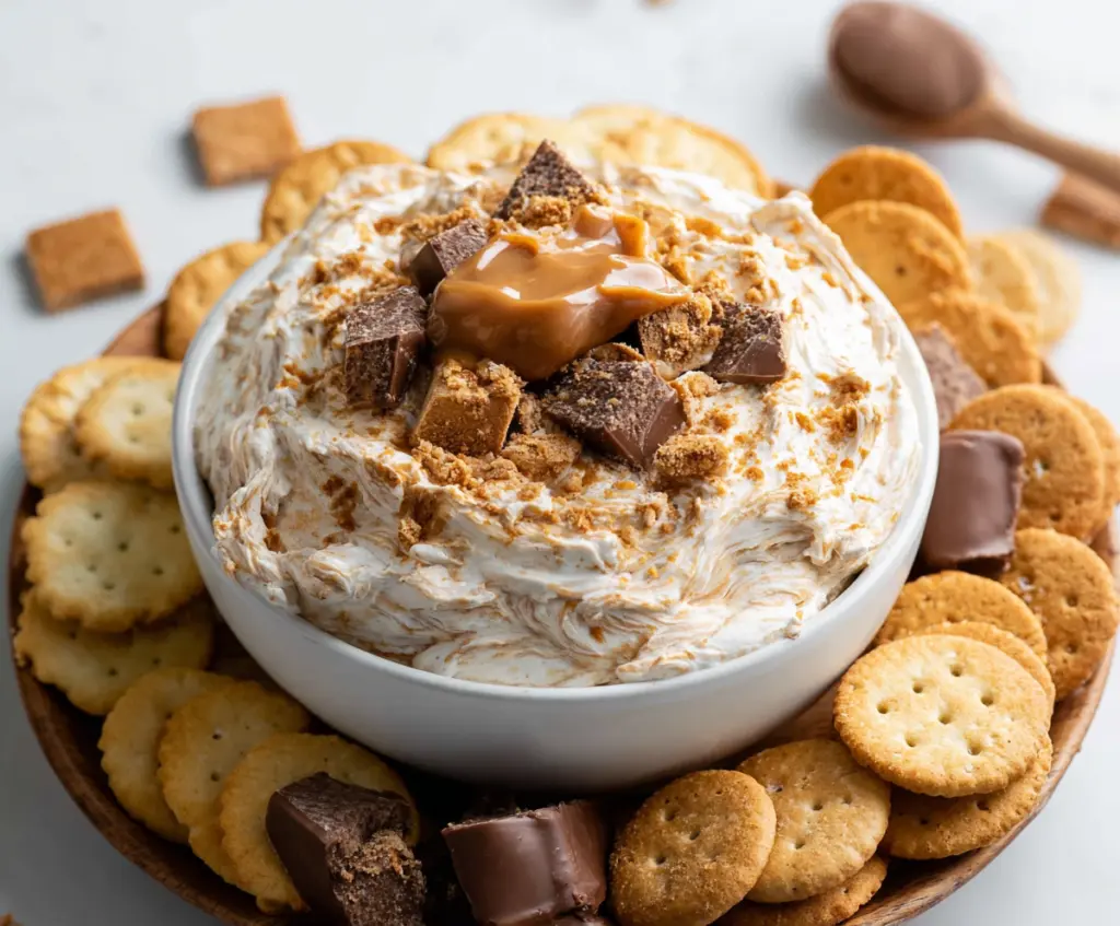 Delicious Butterfinger Dip served with chocolate and crumbled candy bars for a sweet treat.