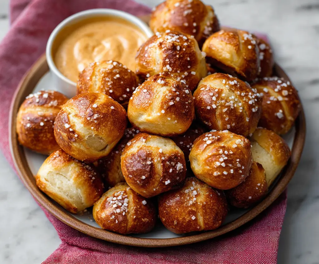 Golden brown buttery soft pretzel bites served with coarse salt on a rustic wooden platter.