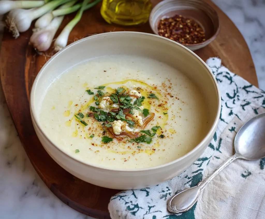 Creamy cauliflower leek soup served in a bowl with fresh herbs, perfect for a healthy meal.