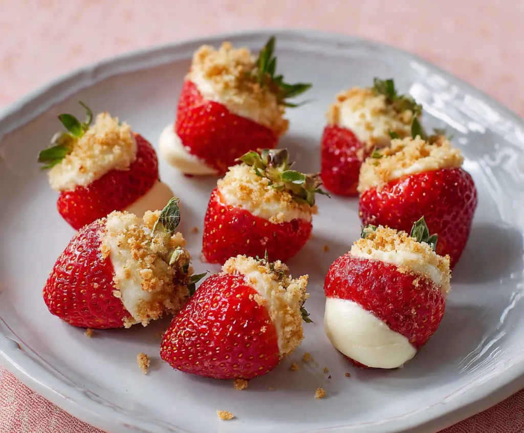 Delicious Cheesecake Stuffed Strawberries garnished with fresh mint on a white plate.