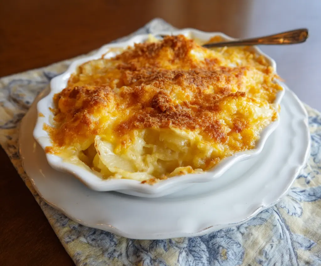 Delicious cheesy potato casserole topped with melted cheese and served hot.