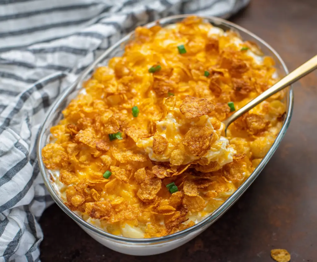 Baked cheesy potatoes topped with crispy corn flakes, perfect for a flavorful comfort food dish.