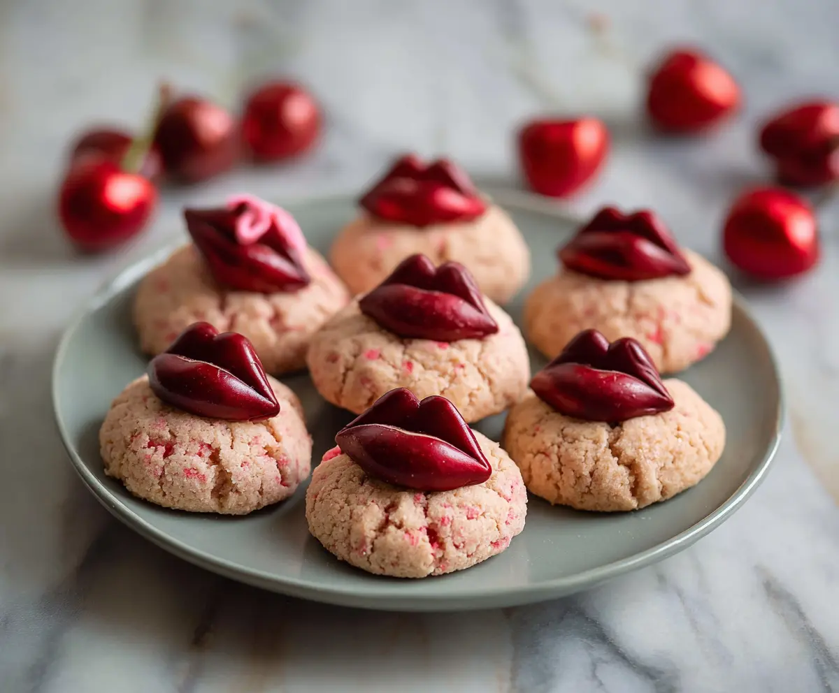 Delicious Cherry Kiss Cookies with bright red cherry toppings and smooth chocolate coating on a rustic wooden table.