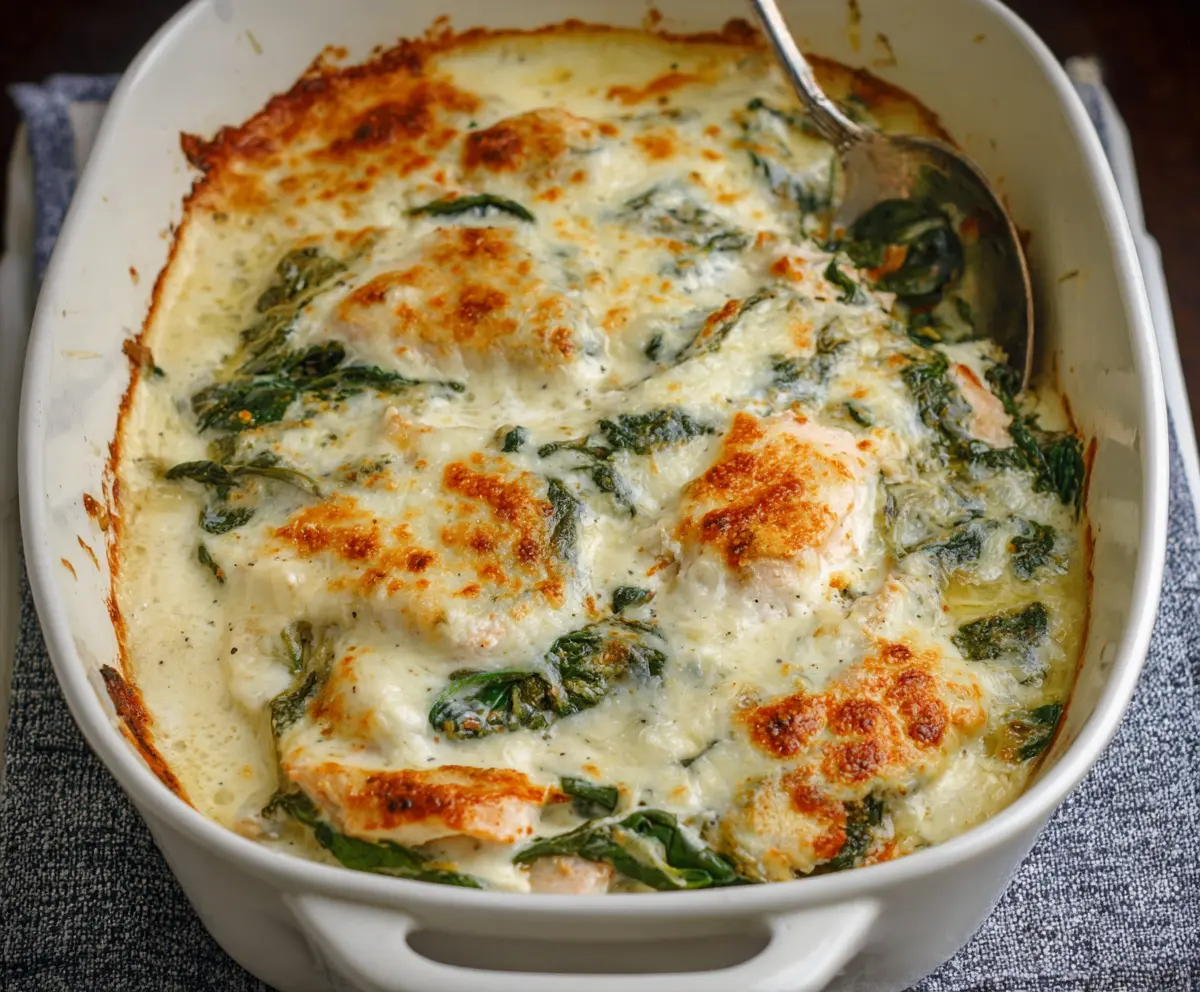 Delicious chicken and spinach casserole baked with creamy cheese for a hearty meal.