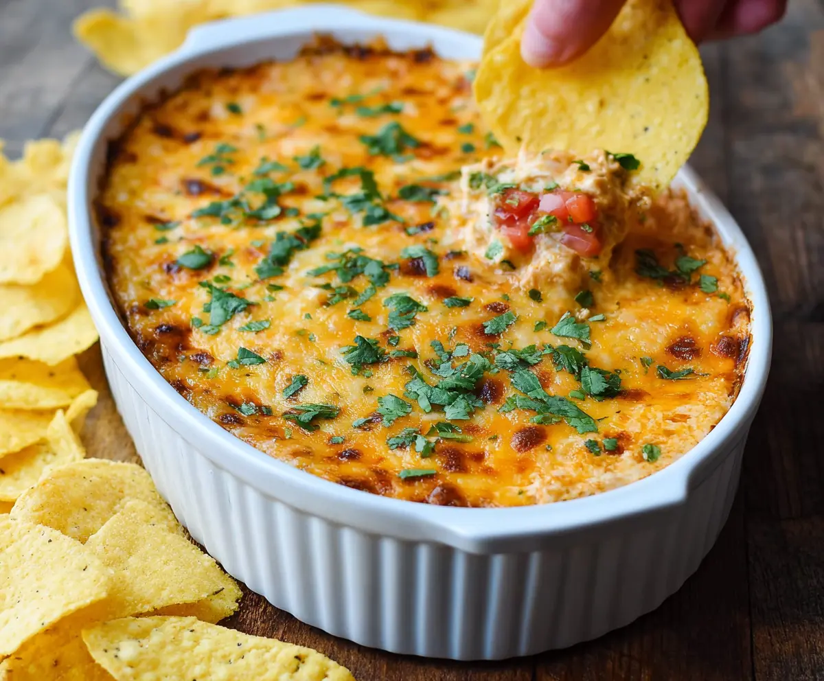 Delicious Chicken Enchilada Dip with melted cheese and savory toppings ready to serve.