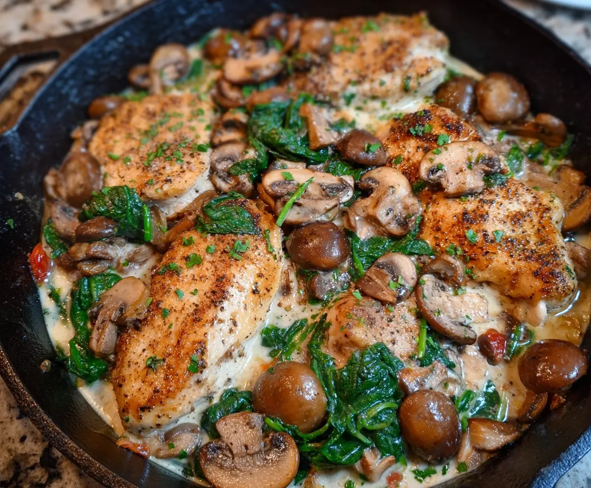Delicious chicken mushroom spinach skillet, a healthy and flavorful meal with tender chicken, sautéed mushrooms, and fresh spinach.