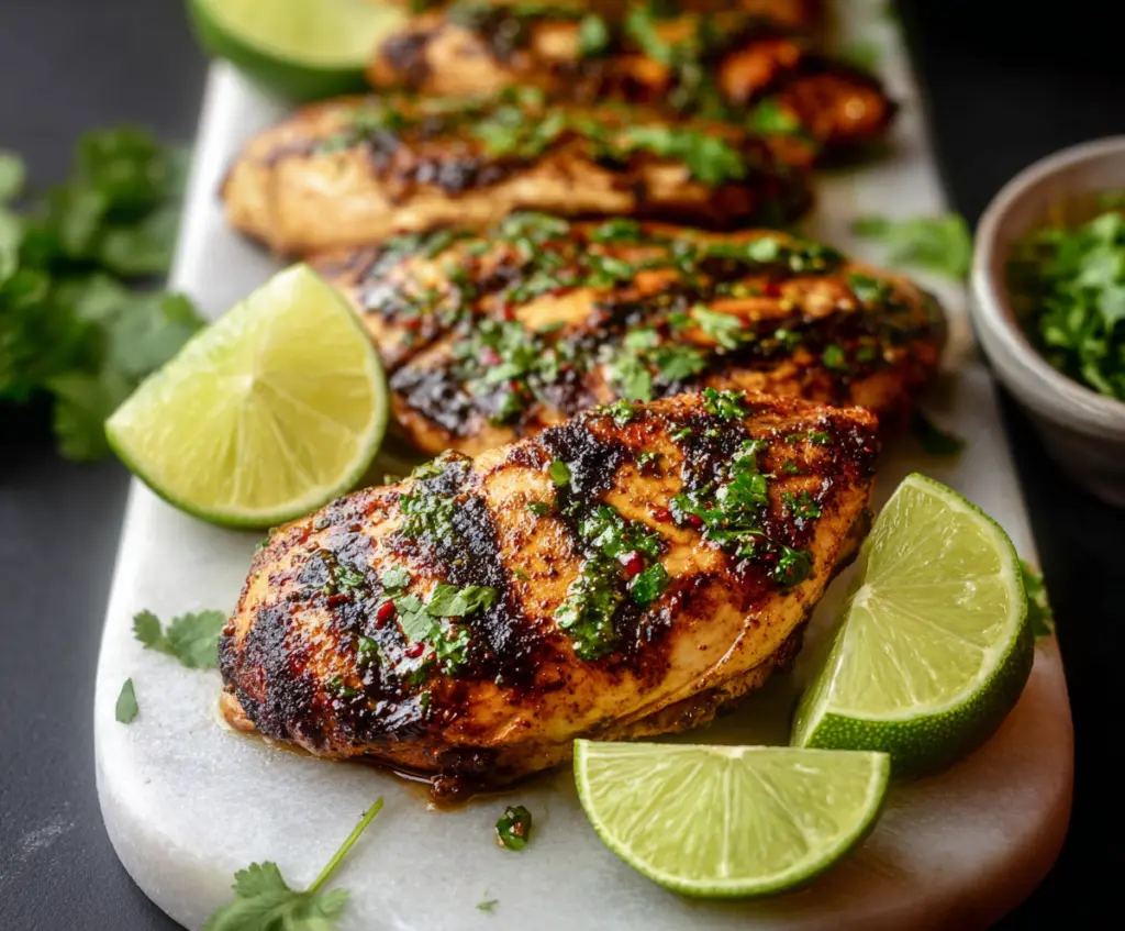Juicy grilled chili lime chicken served with fresh herbs on a white platter.