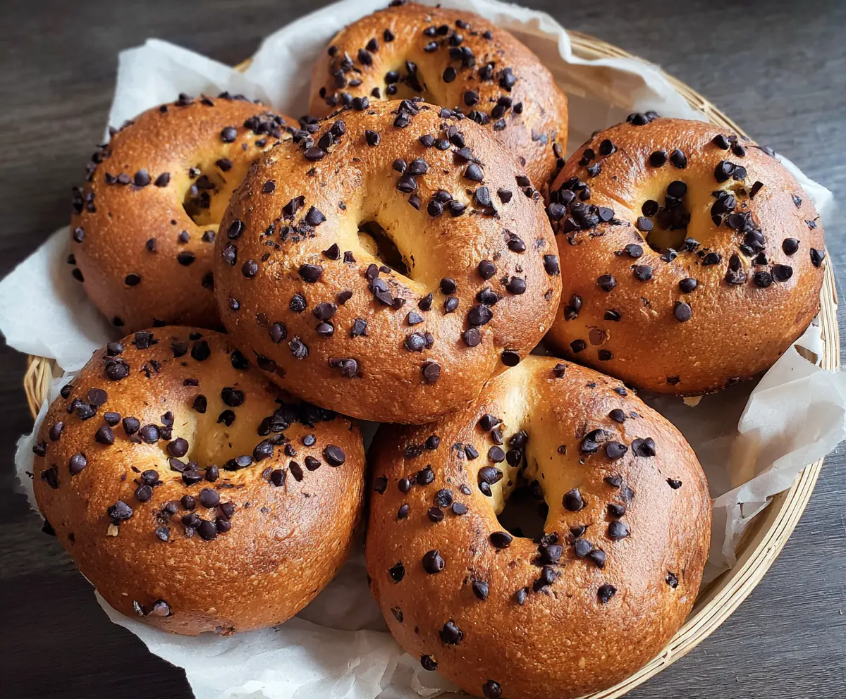 Delicious homemade chocolate chip bagels cooling on a wire rack