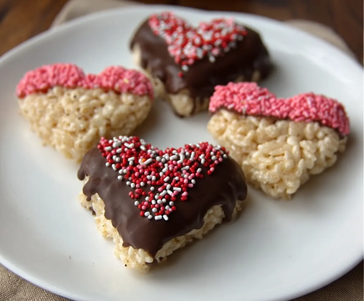 Delicious chocolate dipped heart-shaped Rice Krispies treats for Valentine's Day or special occasions.