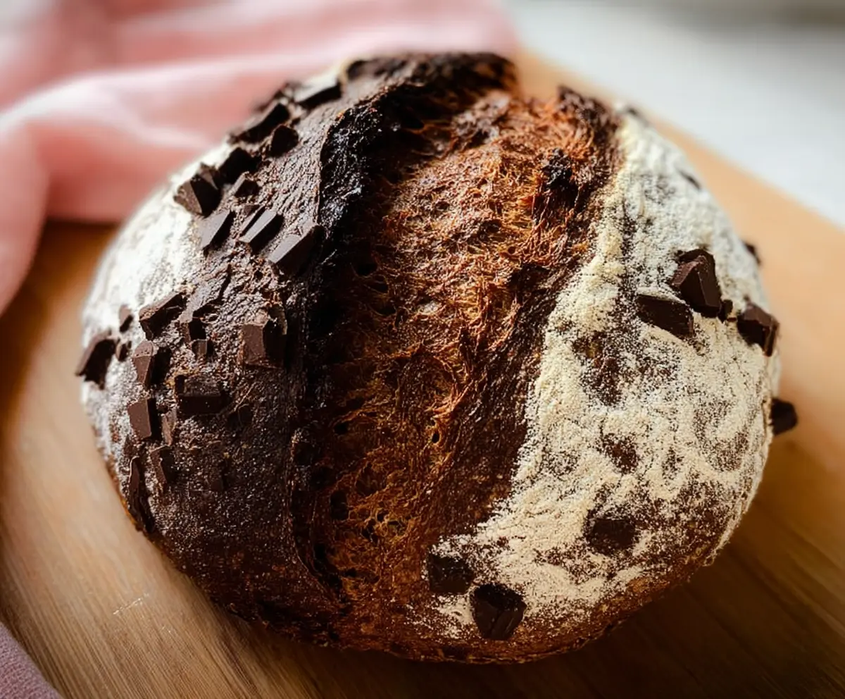 Delicious homemade chocolate sourdough discard bread on a rustic wooden table.