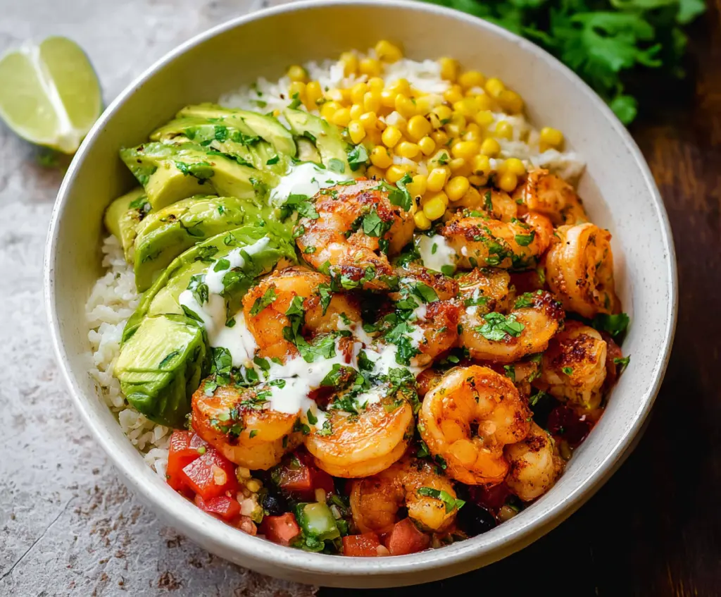 Fresh cilantro lime shrimp bowl with colorful vegetables and rice for a healthy meal