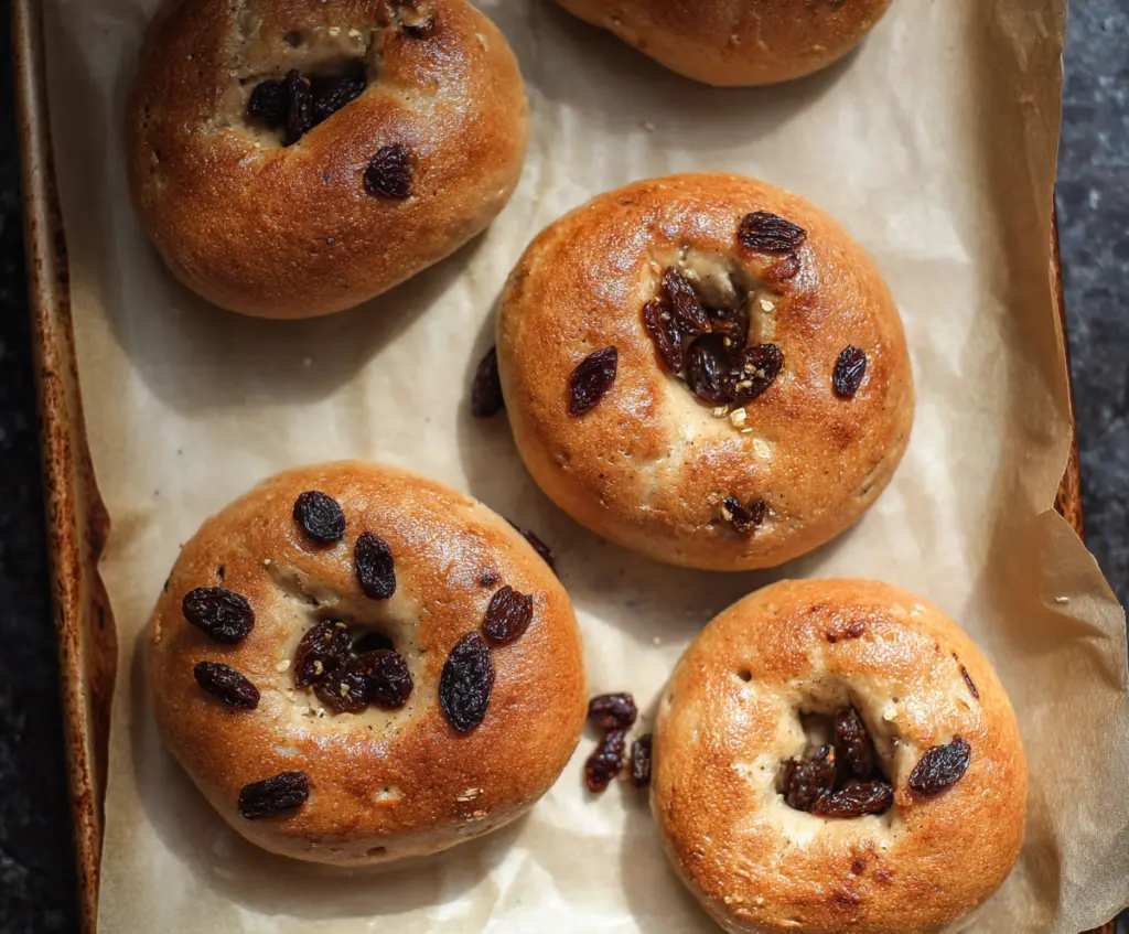 Delicious homemade cinnamon raisin yogurt bagels on a wooden board, perfect for breakfast or a snack.