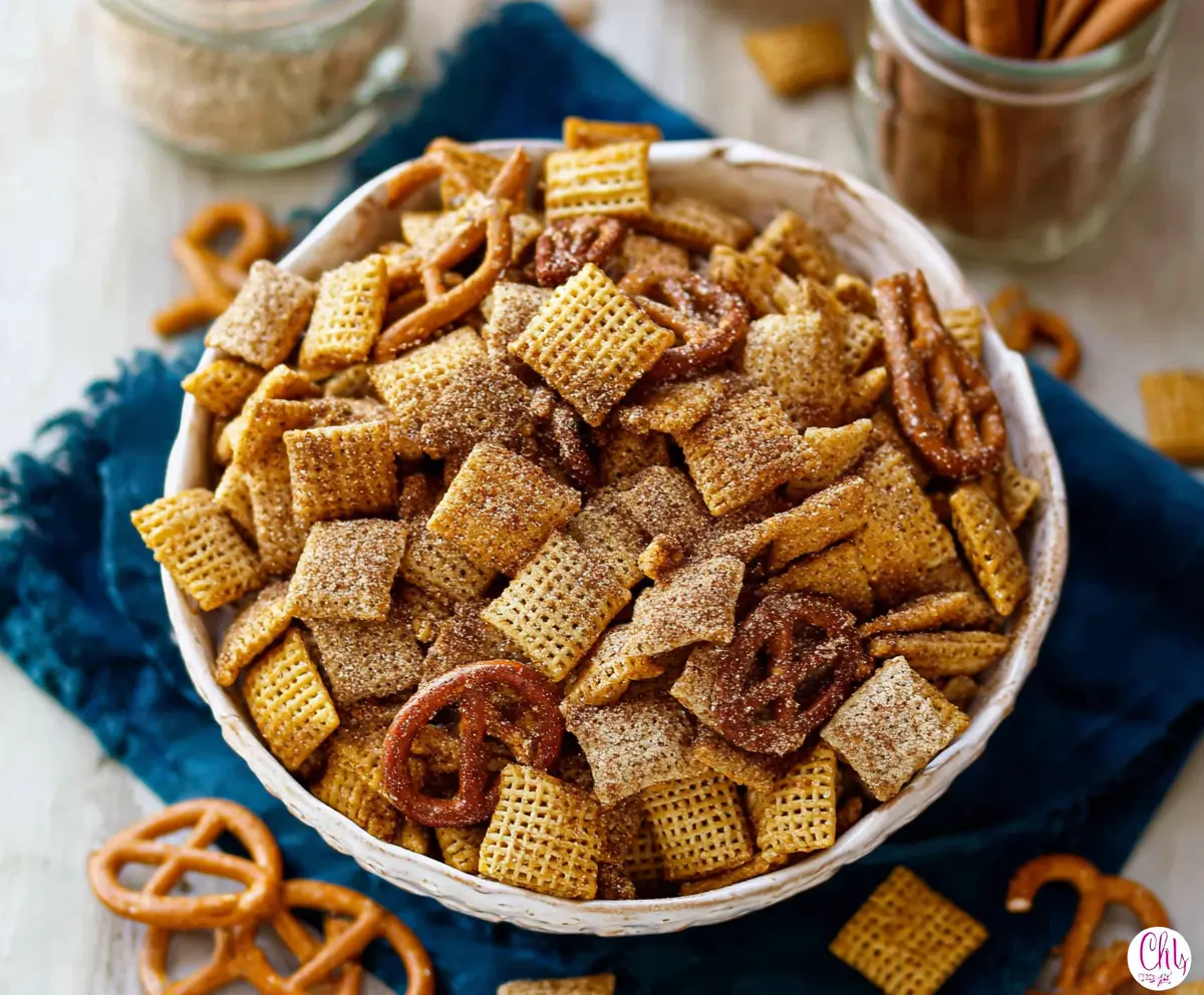 Delicious Cinnamon Sugar Chex Mix in a bowl, coated with sweet cinnamon and sugar.