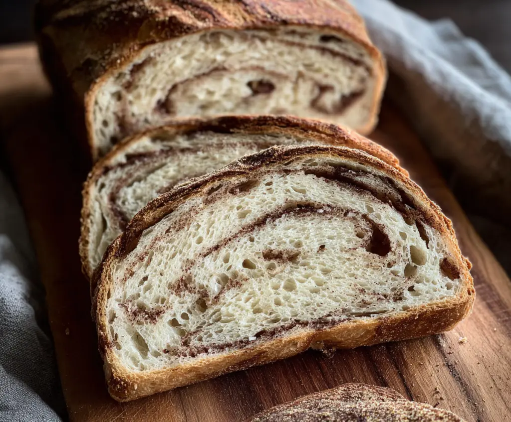 Freshly baked cinnamon sugar swirl sourdough bread sliced to reveal the sweet cinnamon and sugar filling inside.