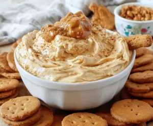 Creamy cookie butter dip in a bowl with cookies on a rustic table, perfect for dipping and snacking.
