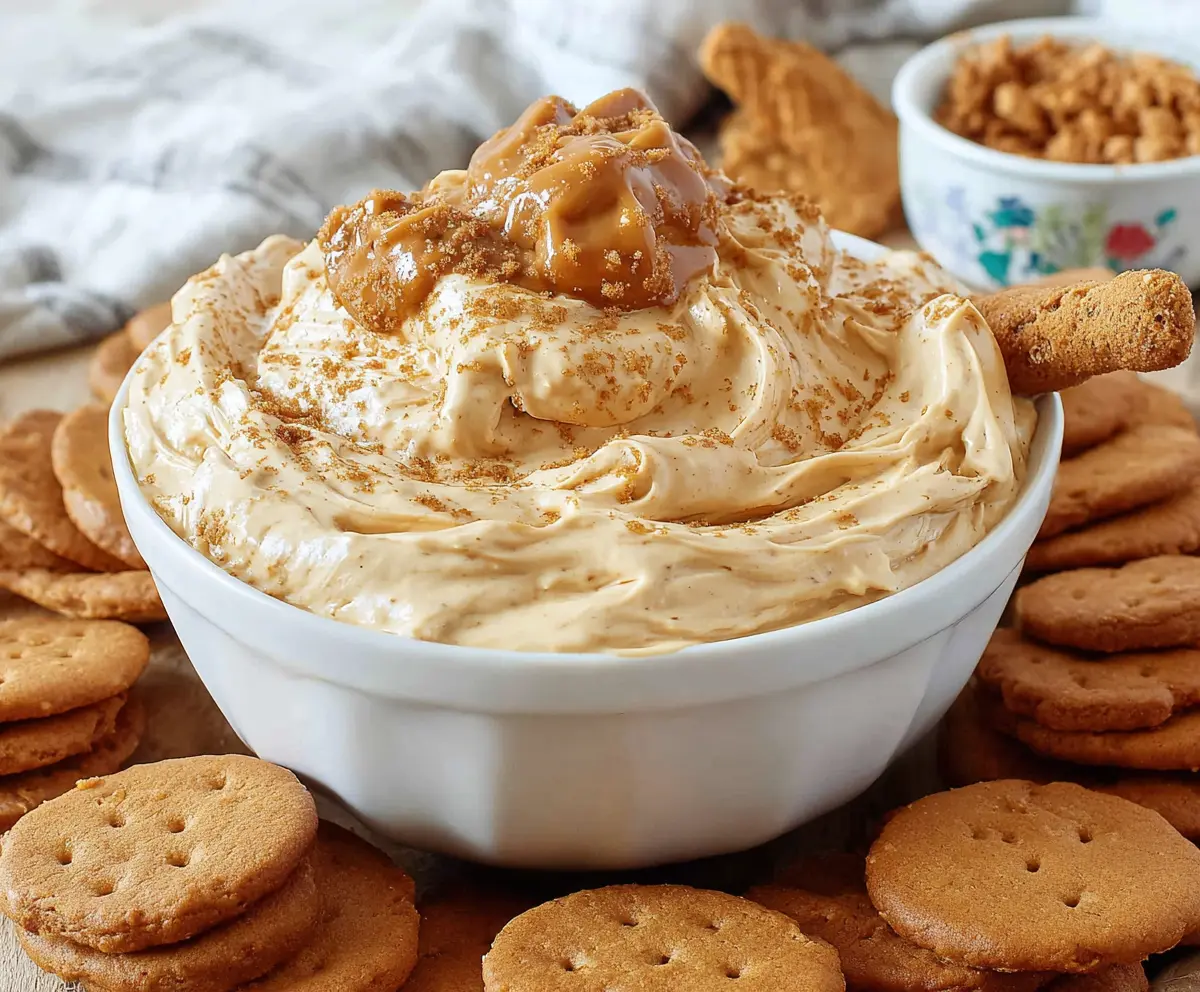 Creamy cookie butter dip in a bowl with cookies on a rustic table, perfect for dipping and snacking.