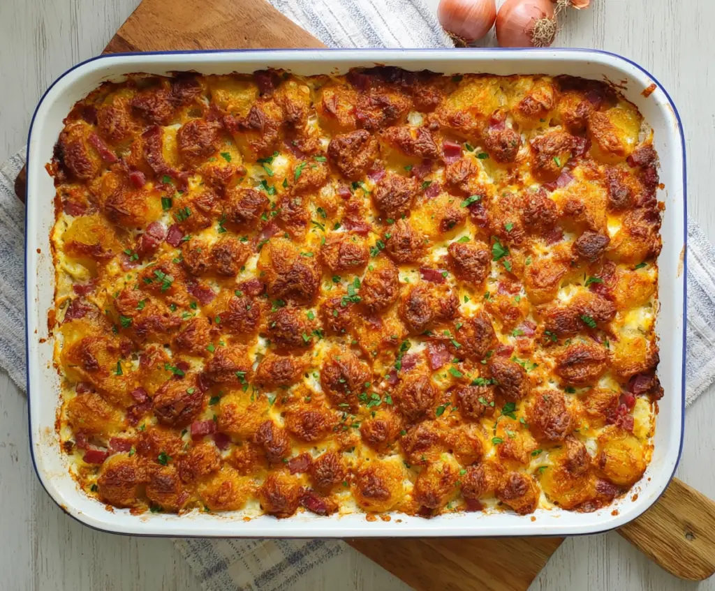 Baked Corned Beef Casserole with potatoes and vegetables on a serving dish