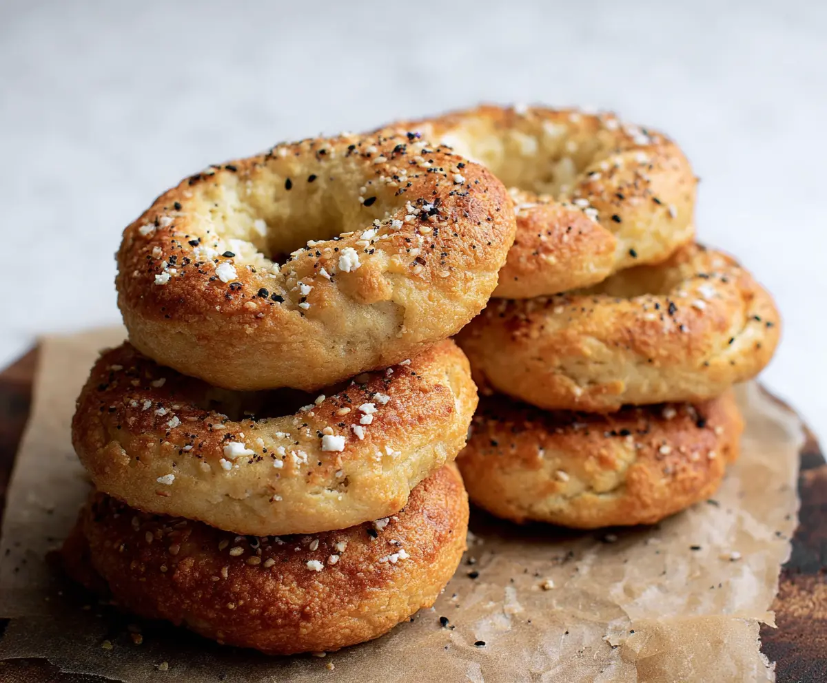 Homemade cottage cheese and almond flour bagels on a rustic wooden board, perfect for a healthy breakfast.