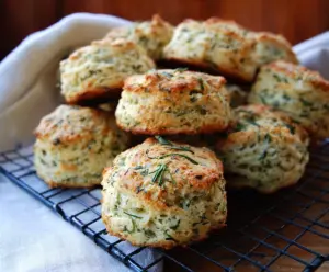 Delicious homemade cottage cheese and herb biscuits on a rustic wooden table.