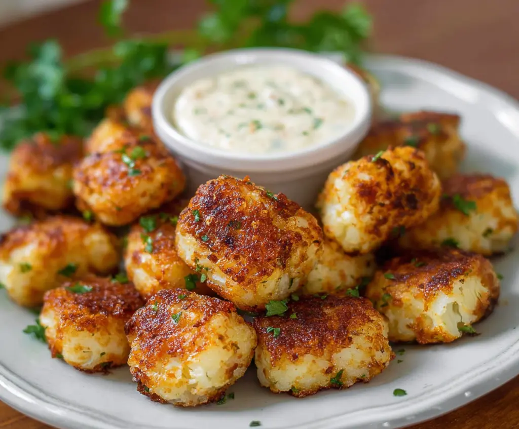 Delicious Cottage Cheese Cauliflower Tots on a plate, perfect healthy snack