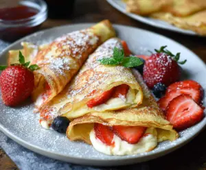 Delicious cottage cheese crepes served with fresh fruit for a healthy breakfast