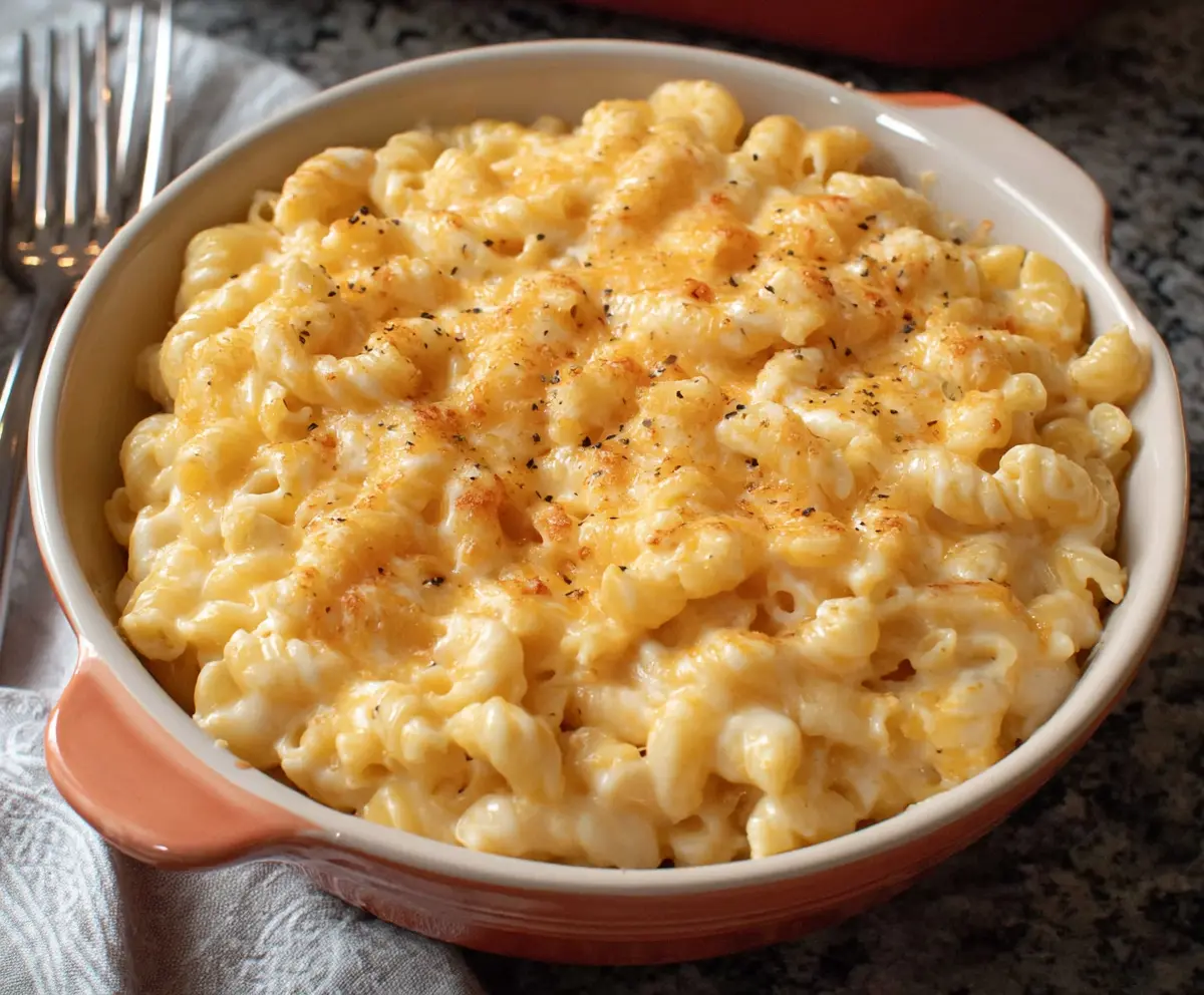 Creamy cottage cheese mac and cheese served in a bowl with herbs for a comforting meal