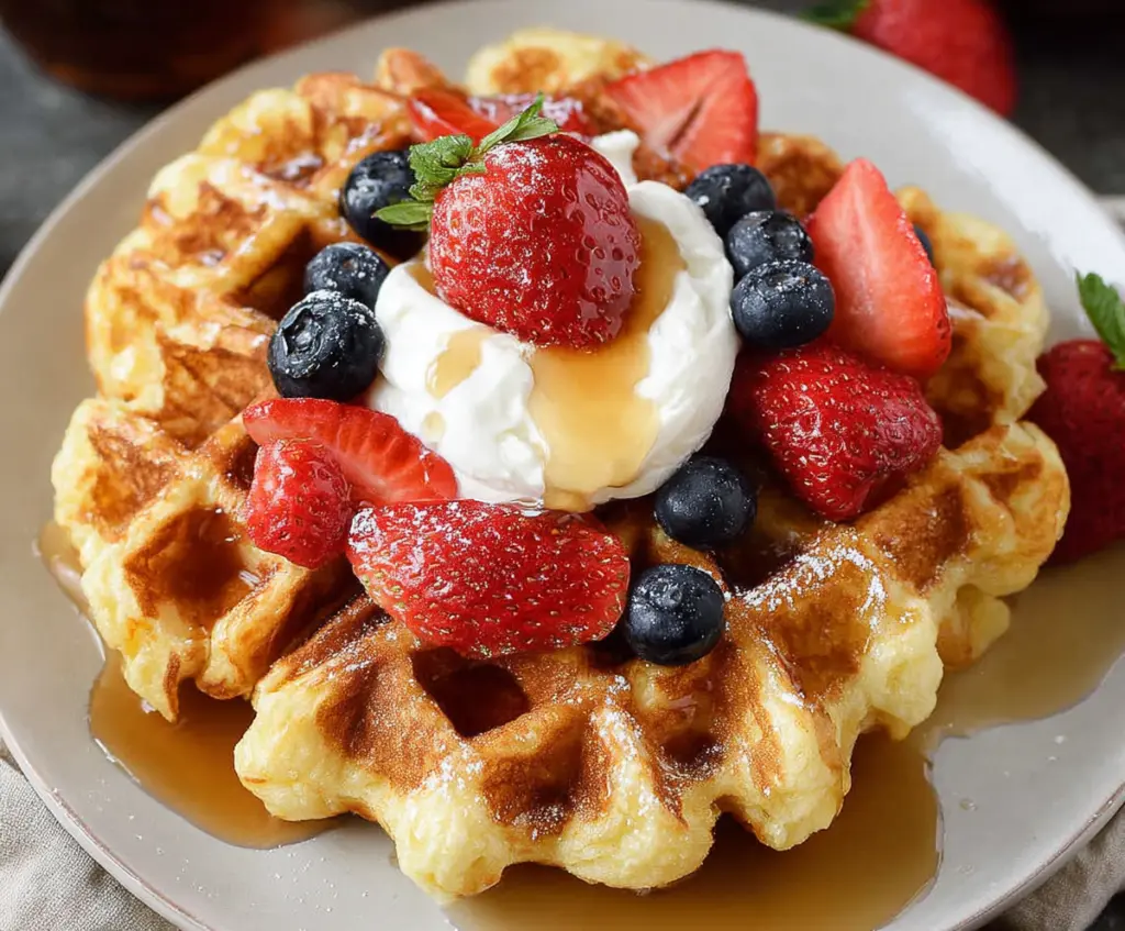 Delicious homemade cottage cheese waffles served with fresh berries and maple syrup.