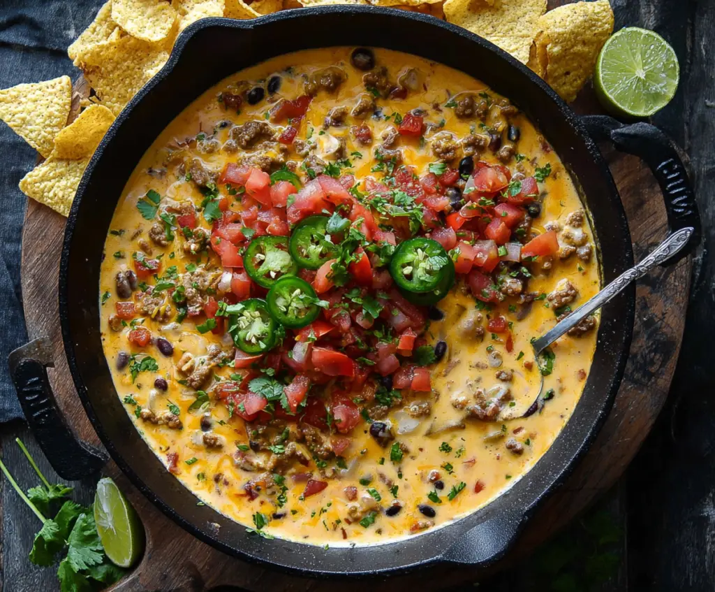 Creamy Cowboy Queso dip with melted cheese, ground beef, and spicy jalapeños served in a rustic bowl.