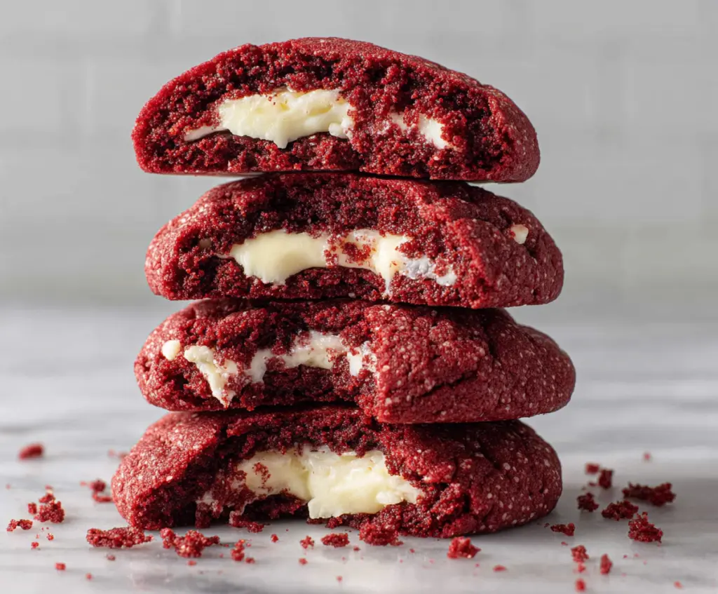 Delicious red velvet cookies filled with creamy cream cheese filling, perfect for dessert lovers.