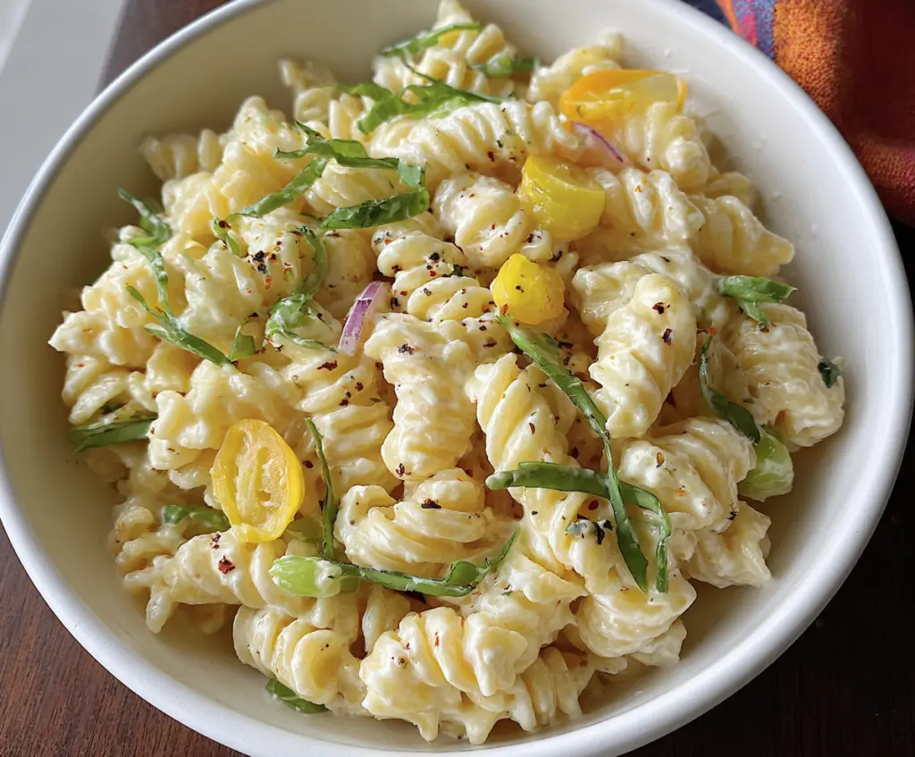 Creamy cottage cheese pasta served on a white plate with fresh herbs.