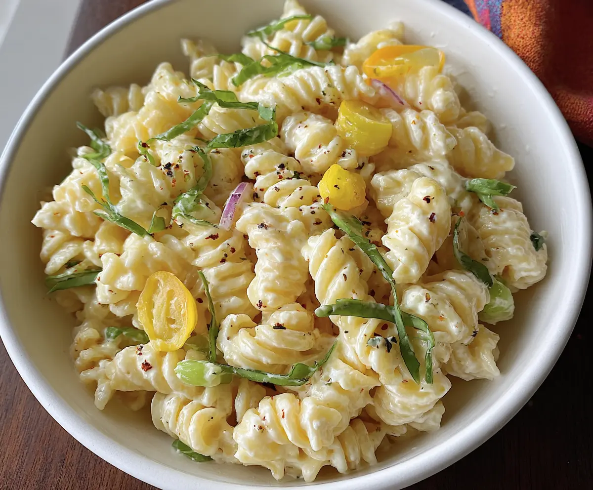 Creamy cottage cheese pasta served on a white plate with fresh herbs.
