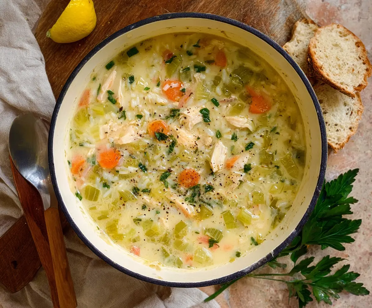 Creamy leek, chicken, and rice soup in a bowl, garnished with fresh herbs, served hot.