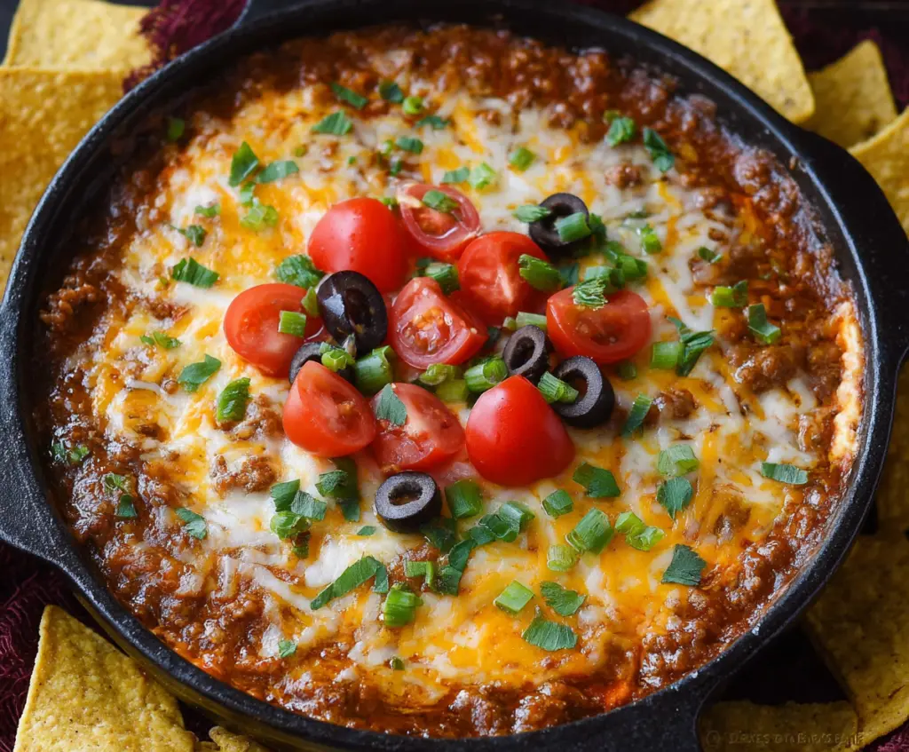 Delicious Crock Pot Beef Nacho Dip featuring melted cheese, seasoned ground beef, and crunchy tortilla chips for a perfect appetizer.