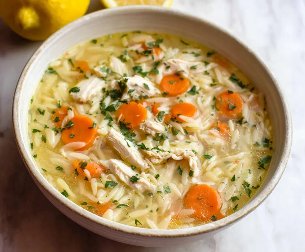 Warm crockpot lemon chicken orzo soup in a bowl topped with fresh herbs for a comforting meal.