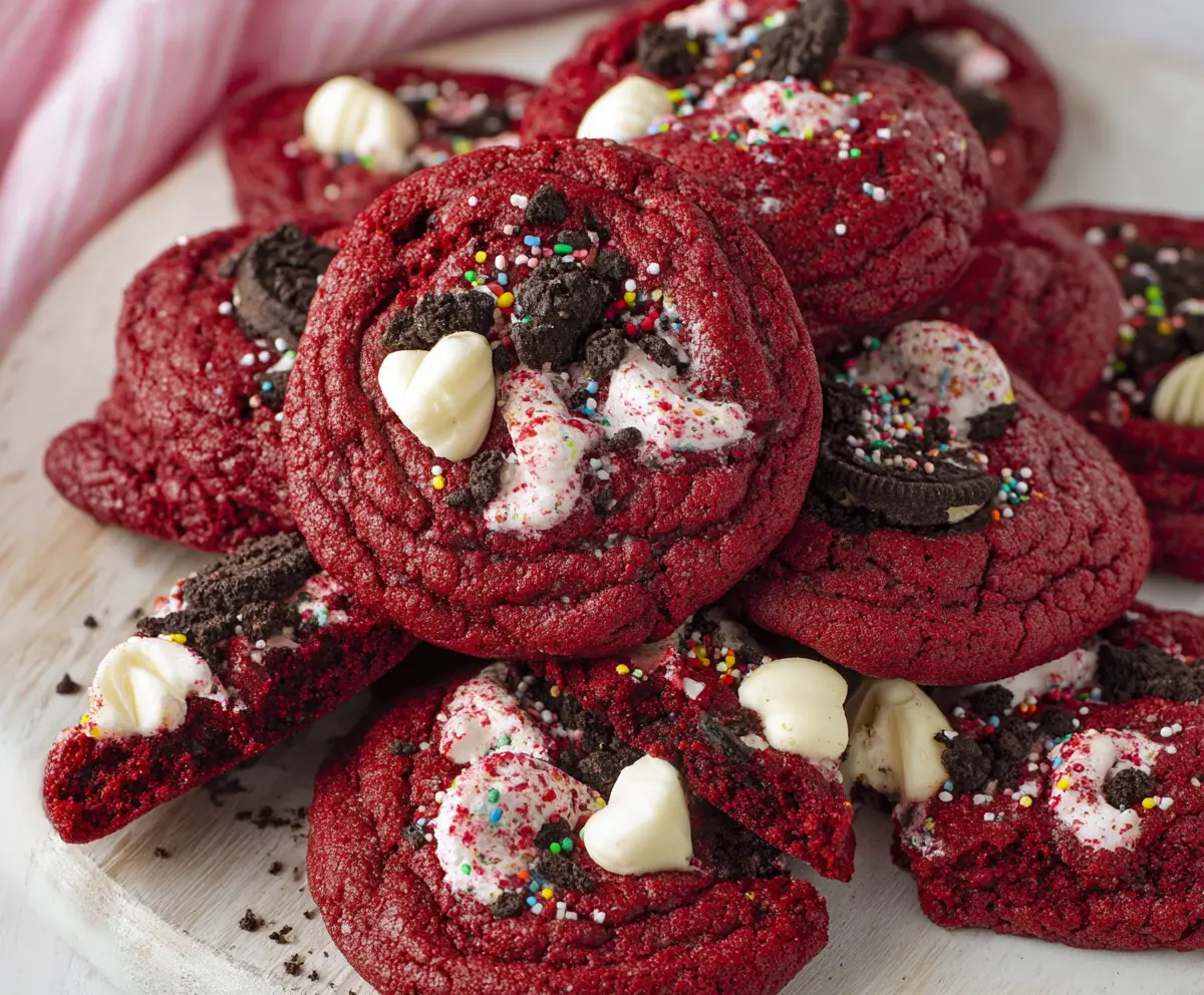 Delicious crushed Oreo cookies topping a vibrant red velvet cake for a flavorful treat.