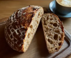 Freshly baked crusty sourdough bread paired with a steaming cup of coffee on a rustic table.