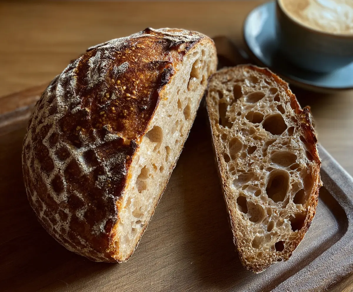 Freshly baked crusty sourdough bread paired with a steaming cup of coffee on a rustic table.