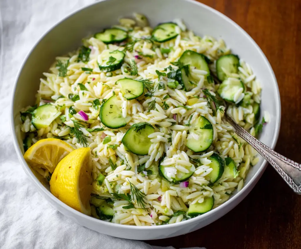 Fresh cucumber and lemon orzo salad garnished with herbs, perfect for a light summer meal