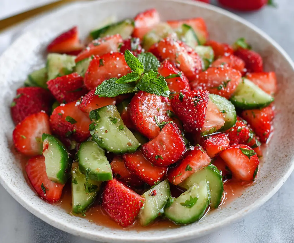 Fresh cucumber and strawberry salad in a bowl, healthy summer fruit and vegetable combination.