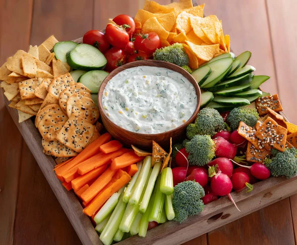 Colorful veggie platter with assorted fresh vegetables and creamy dip for healthy snacking.