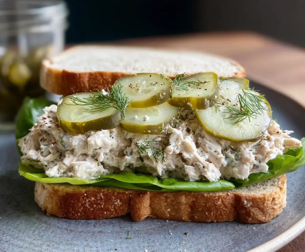 Dill pickle tuna salad served in a bowl with fresh herbs for a refreshing seafood dish.