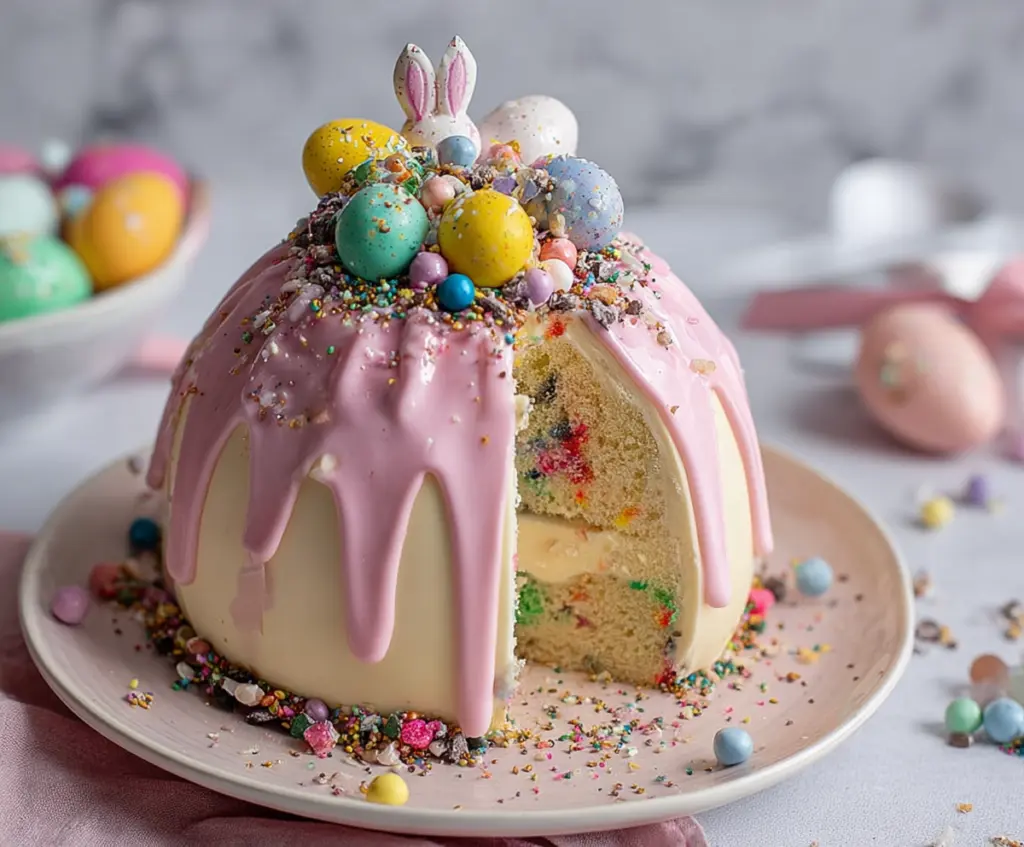 Delicious Epic Easter Egg Smash Cake with colorful decorations and chocolate eggs for festive celebration